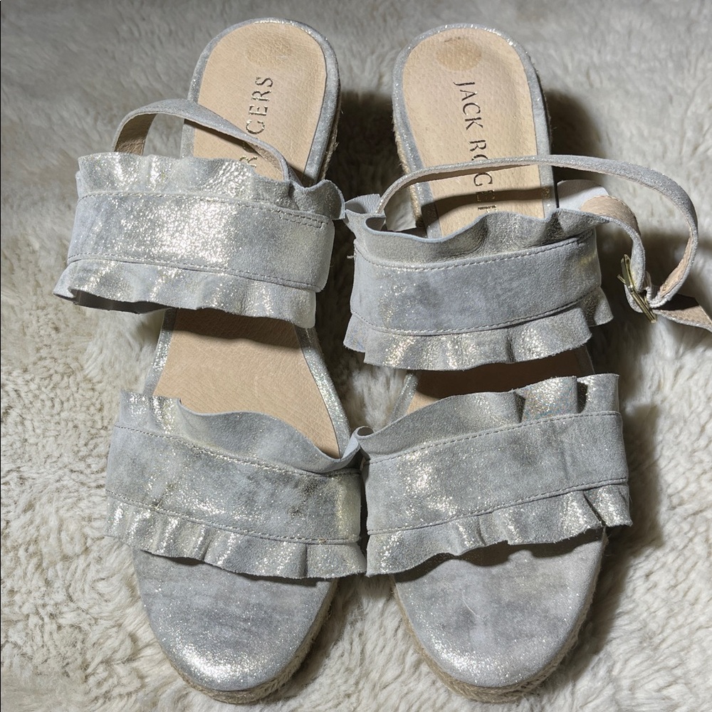 Jack Rogers leather Metallic Silver Ruffle wedge espadrille Sandals